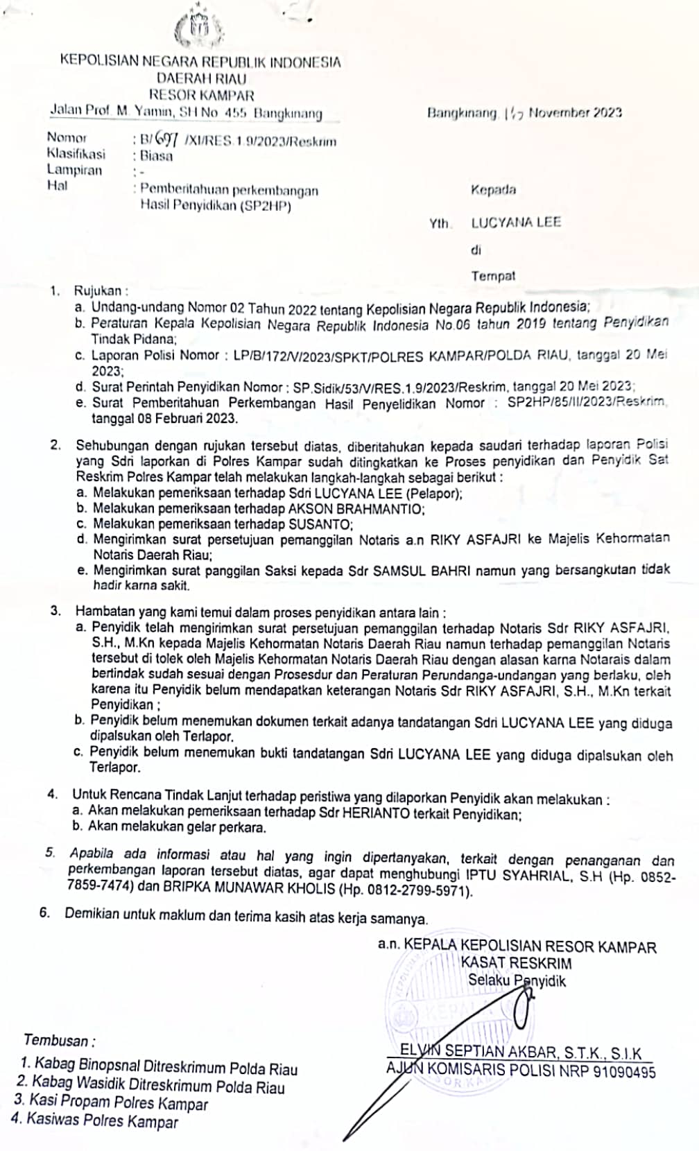 Surat SP2HP dengan Nomor B/697/XI/RES.1.9./2023/RESKRIM